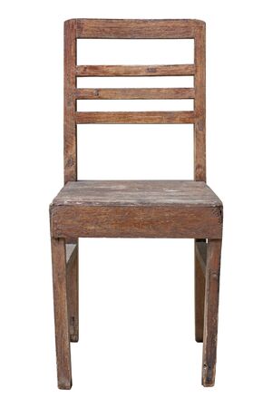 front view of old wooden chair isolated on white with clipping pathの写真素材