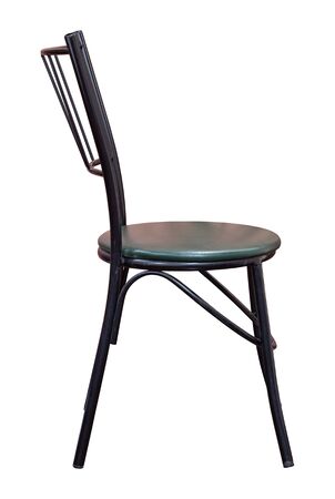 Side View of Black Metal Chair with Leather Seat Isolated on White Background with Clipping Pathの写真素材