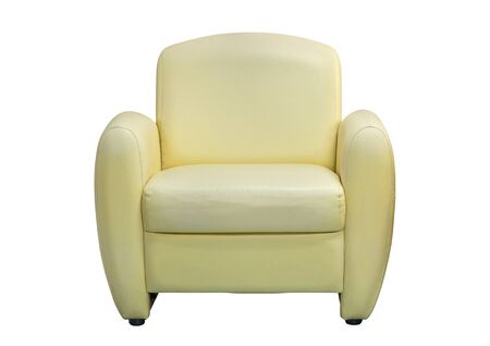Front View of Yellow Leather Sofa Furniture Isolated on White with Clipping Pathの写真素材