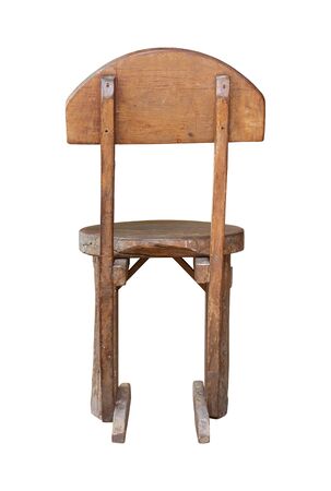 Back View of Old Wooden Chair Isolated on White with Clipping Pathの写真素材