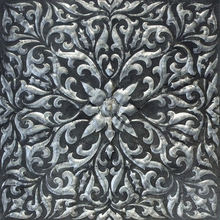Pattern of Silver Metal Plate with Flower Carved Background, Thai Styleの写真素材