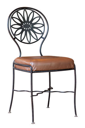 Black Metal Chair with Leather Seat Isolated on White Backgroundの写真素材