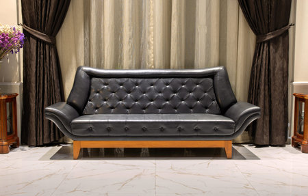 Interior room with black leather sofa in living room