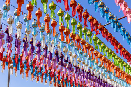 colorful hanging lanterns lighting in loy krathong and new year festival at northern of thailand