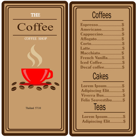 Coffee shop logo and menu design vector brochure template. Coffee cup silhouette.のイラスト素材