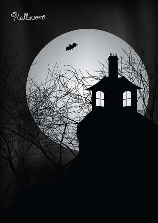 Halloween scene with haunted house, trees and bat illustrationのイラスト素材