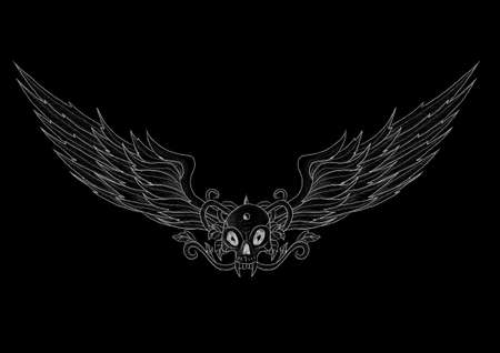 Tattoo skull with wings vector illustration on black background. Everything is separated on 11 different layers.のイラスト素材