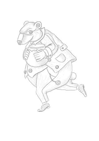 Happy running bear with honey pot vector illustration. Separated on layers.のイラスト素材