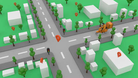 Delivery people at various locations on the map.の写真素材