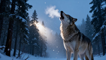 Majestic Arctic Wolf in Snowy Pine Forest with Cinematic Lightingの素材