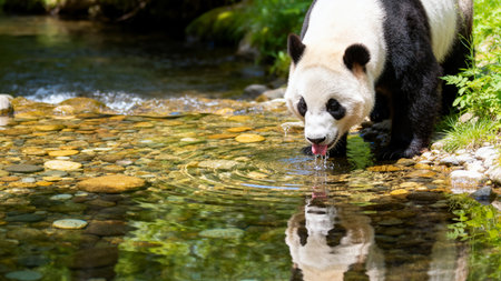 Giant Panda Drinking from a Clear Mountain Streamの素材