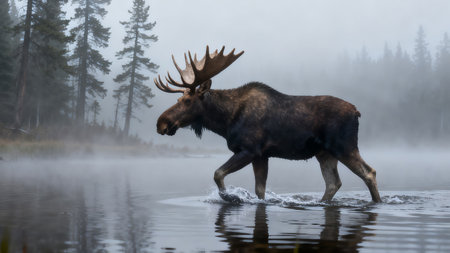 Bull Moose (Alces alces) in a misty forestの素材