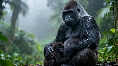 Gorilla mother with her baby in rainforest, Ubud, Indonesiaの素材