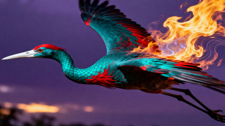 Red-crowned crane with fire on the night sky backgroundの素材