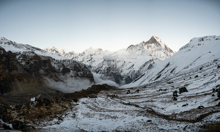 panorama of machapuchare peak in himalaya annapurna base camp trekking route