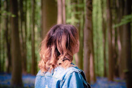 Back view of a young girl wearing denim jacket and the sun lighting up the curls in her hair, enjoying her walk in a bluebell forest. Shinrin yoku concept. Wild and free. Nature love.の写真素材