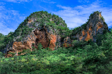 Landscape of Mountain Khao Chong Sadet Kanchanaburi Thailand, Mountain with Cloud and Blue Skyの写真素材
