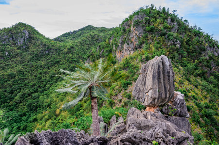 Unseen Thailand of In Kwaen at Khao Chong Sadet Kanchanaburi, A large stone on the top of the mountainの写真素材