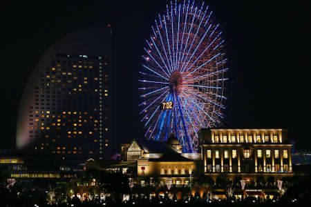 Night view of Ferris wheel in Yokohama Japanの写真素材