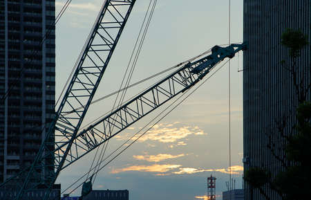 Construction cranes working in the eveningの写真素材