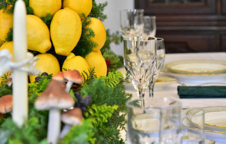 Dining table with a lemon sceneの写真素材