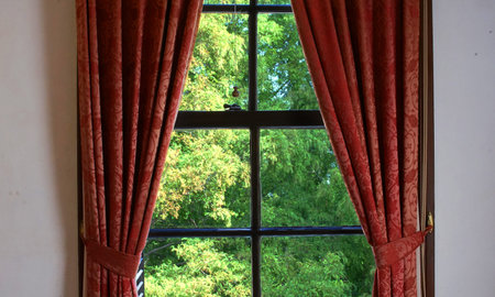 Curtain of the window and outdoor greenの写真素材