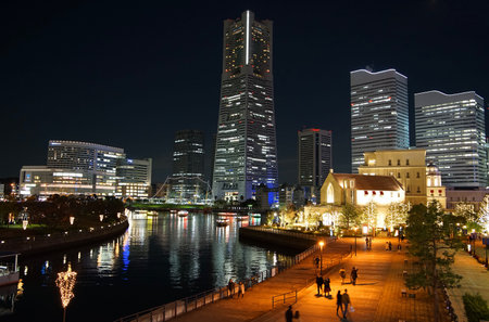 Night view of the building in Japan Yokohama and nearby river