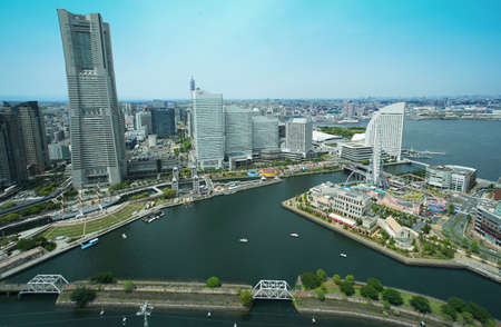 Urban view of skyscrapers in Yokohama port city, Japan on a clear blue sky dayのeditorial素材