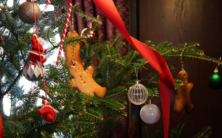 Various decorations of Christmas tree ribbons and ballsの写真素材