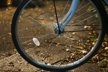 Front tire of a bicycle on the ground on a city streetの写真素材