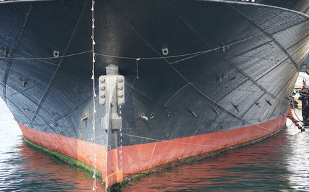 The stern of the ship anchoring in the portの写真素材