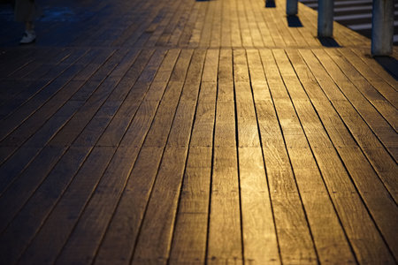 Wooden walkway in the evening, close up of wooden walkwayの写真素材