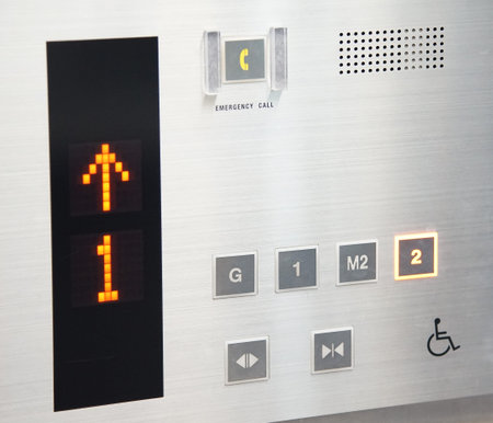 Electronic control panel of elevator, close-up, selective focus