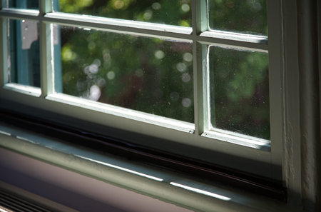 Close-up of a window with a view of the nature.