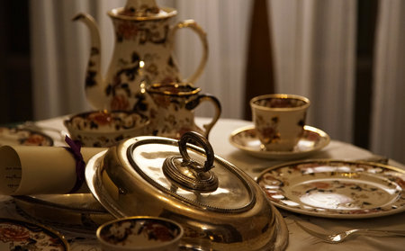 Vintage porcelain tea set with cups and saucersの写真素材