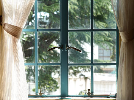 Perspective View of a Vintage Glass Pane with Gentle Morning Light and Garden Reflections