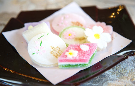 Traditional Japanese Confections Featuring Cherry Blossom and Floral Motifs