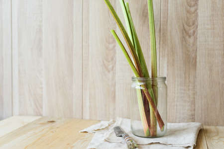 ingredients to homemade detox drink of rhubarbの写真素材