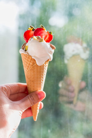 reflection of ice cream in a dirty window trees background
