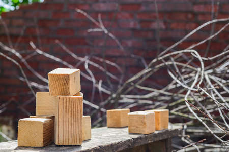 homemade wooden cubes for the village children, rustic conceptsの写真素材