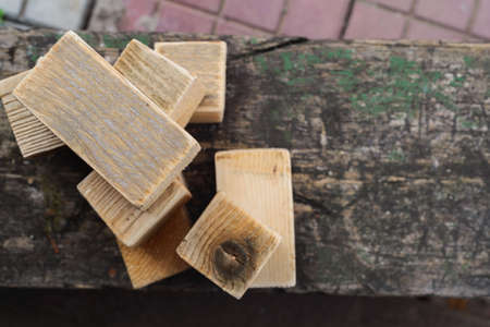 homemade wooden cubes for the village children, rustic conceptsの写真素材