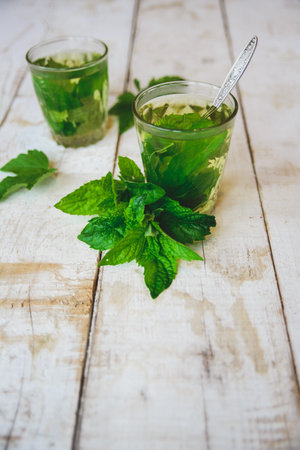 tea with mint on white wooden desk
