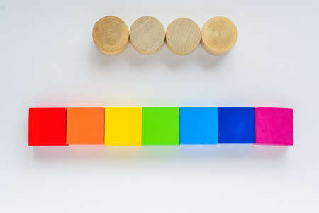 wooden squares and circles on white background with copy spaseの写真素材