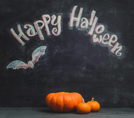 one large and two small pumpkins on slate backgroundの写真素材
