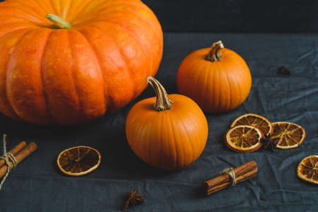 Festive still life of pumpkins, orange slices, cinnamon and star aniseの写真素材