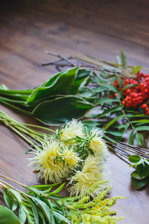 above view of ingredients for a bouquet, floral concept