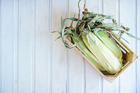 top view cob corn on white wooden backgroundの写真素材
