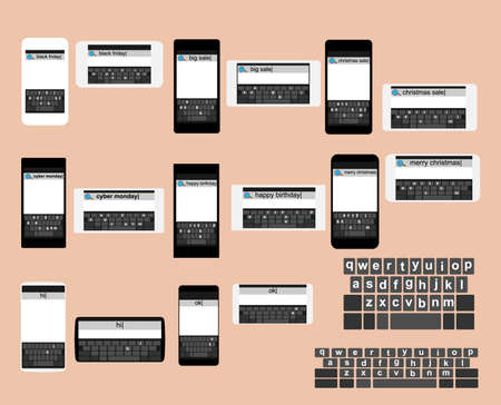 set of flat black and white different models phones sale, congratulation, greeting searchのイラスト素材