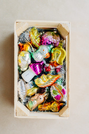 top view of retro christmas and new year's toysの写真素材