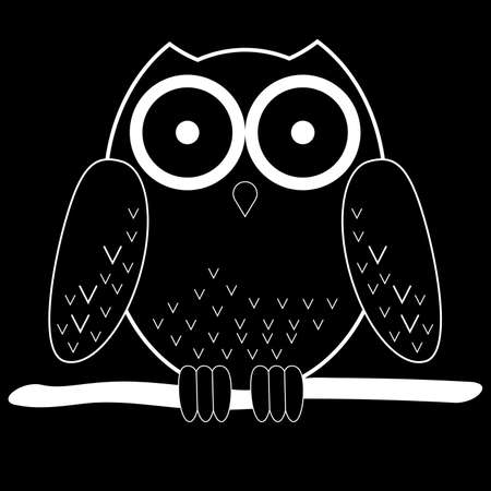 white cartoon vector owl on branch at nightのイラスト素材